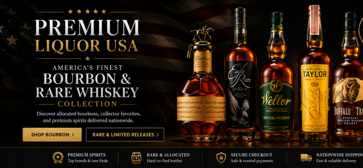 Collection of premium liquor bottles with branding and text on a dark background