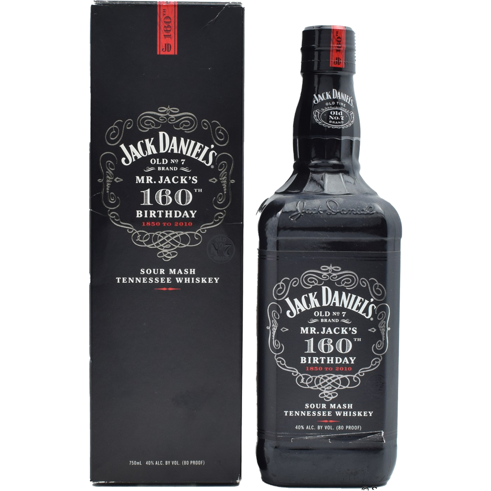 A Jack Daniel's Mr. Jack's 160th Birthday Limited Edition Tennessee Whiskey bottle and its matching gift box, both in sleek black with ornate silver "Mr. Jack's 160th Birthday 1850 to 2010" lettering, featuring a red "160th" accent tag on the bottle's neck and box